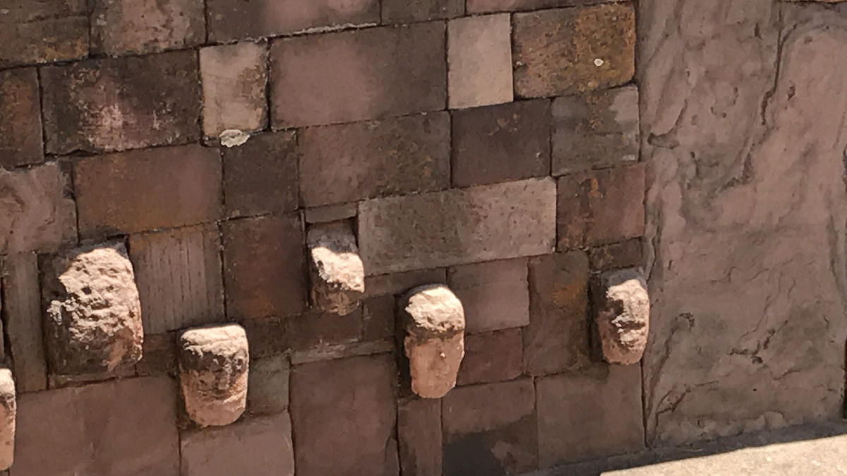 Stone heads set into the wall at Tiwanaku, Bolivia—believed to represent various ancestors or figures significant to the Tiwanaku people, showcasing the distinctive style and spiritual depth of this ancient culture.